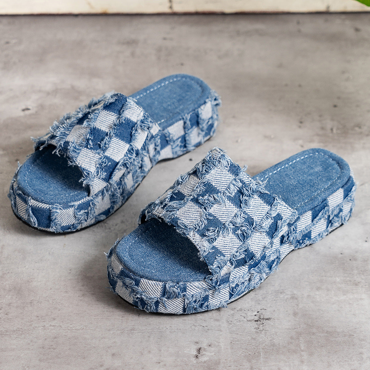 Upgrade your style with our Denim Plaid Faux Leather Platform Sandals. Crafted with a unique combination of denim plaid and faux leather, these sandals offer a trendy and chic look