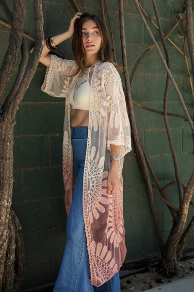 Introducing the Ombre Bohemian Lace Kimono, featuring a stunning ombre design and intricate bohemian lace detailing.