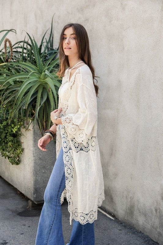 Discover the perfect combination of style and comfort with our Crochet Open Patch Longline Ankle Length Kimono