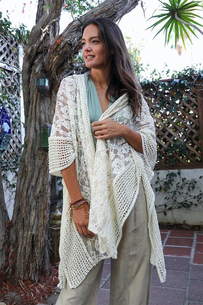 This Floral Lace Textured Ankle Length Kimono combines delicate lace with a versatile ankle length design