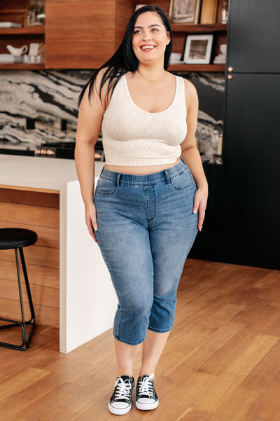 Say goodbye to uncomfortable jeans with Emily High Rise Cool Denim Pull On Capri Jeans