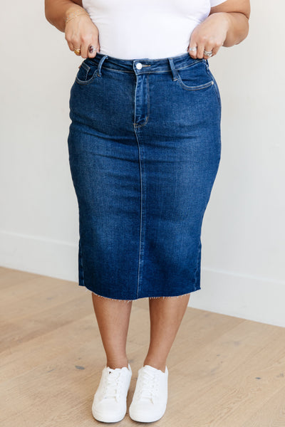 Get ready to rock your denim look with the Marcy High Rise Denim Midi Skirt from Judy Blue!