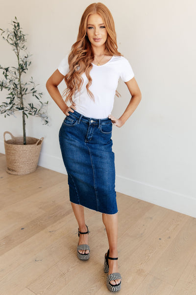 Get ready to rock your denim look with the Marcy High Rise Denim Midi Skirt from Judy Blue!