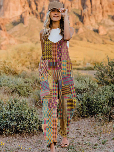 This V-Neck Sleeveless Jumpsuit offers a bold and fashionable design with its multicolored print