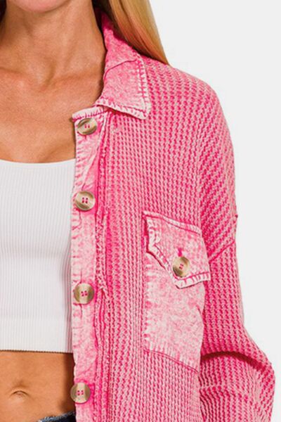 This waffle-knit button-up dropped shoulder jacket is both cozy and stylish