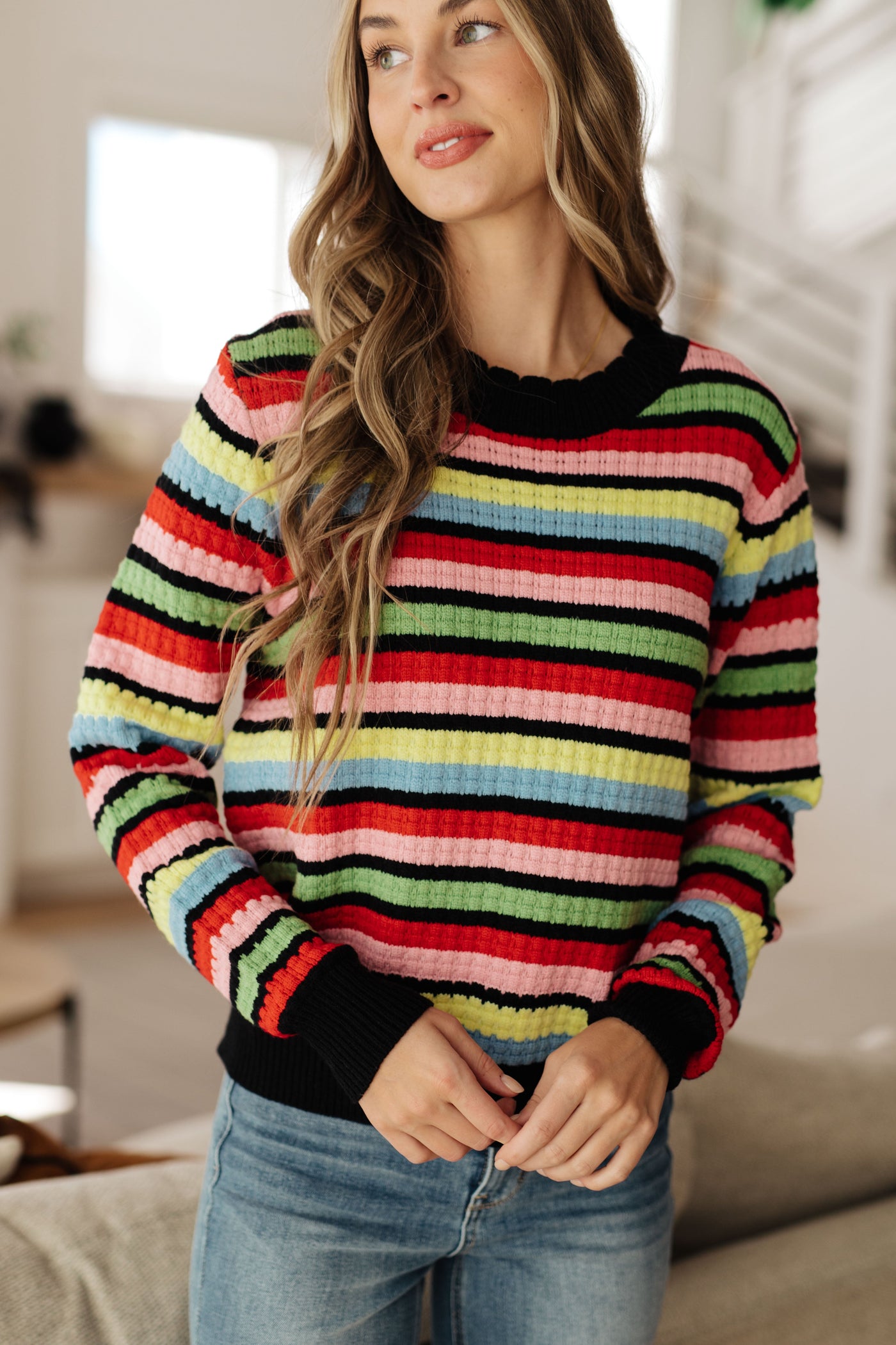 Keep Dreaming Striped Sweater With Scalloped Crew Neckline