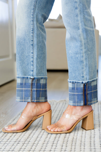 Make a statement in our Miranda High Rise Plaid Cuff Vintage Straight Jeans