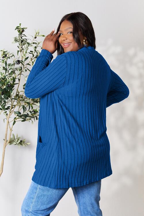 This Ribbed Open Front Cardigan with Pockets is perfect for any occasion. It features ribbed fabric with an open front and two side pockets for easy storage